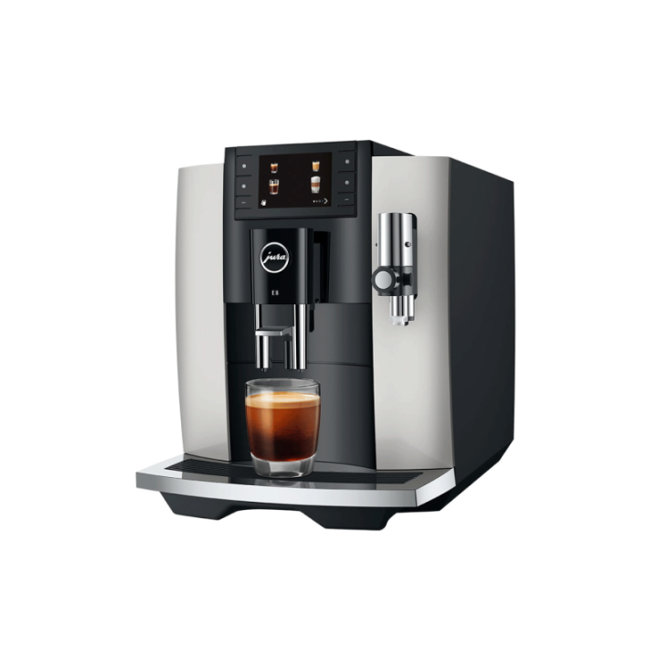 Jura E8 (EC) Platin Espressomaskin Inkl. Startpaket (DK-språk), Mjölkbehållare, 3kg Rigtig Kaffe & Skötsel