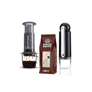AeroPress Resebryggare Inkl. CrushGrind Colombia Resekvarn & 400g Rigtig Kaffe Ekologisk Peru