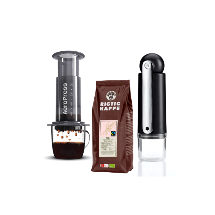 AeroPress Resebryggare Inkl. CrushGrind Colombia Resekvarn & 400g Rigtig Kaffe Ekologisk Peru