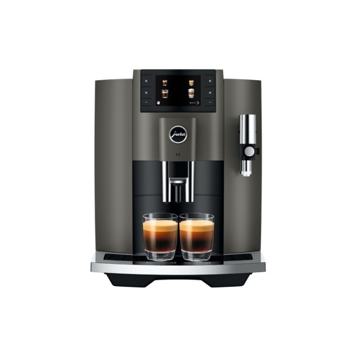 Jura E8 (EC) Dark Inox Espressomaskine Inkl. Startpakke (DK sprog), Mælkebeholder, Pleje & 1kg Rigtig Kaffe Dolce Crema