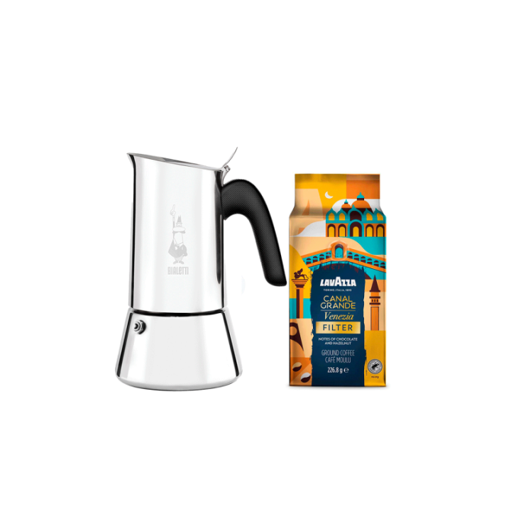 Bialetti Venus Elegance 4 Kop. Espressokande Stål Inkl. Lavazza Tales of Italy Canal Grande 226,8g Formalet kaffe