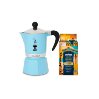 Bialetti Primavera Rainbow 3 Kop. Espressokande Lyseblå Inkl. Lavazza Tales of Italy Canal Grande 226,8g Formalet kaffe