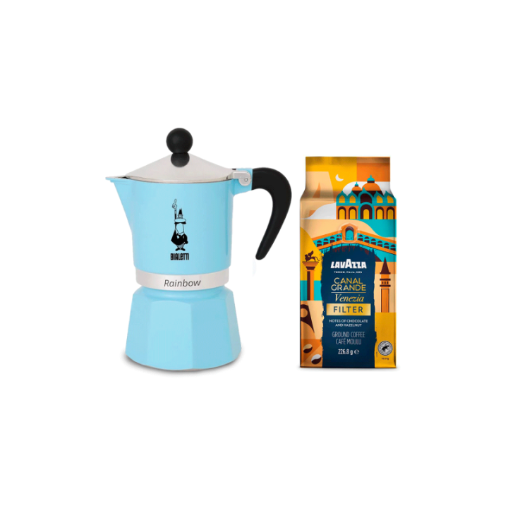 Bialetti Primavera Rainbow 1 Kop. Espressokande Lyseblå Inkl. Lavazza Tales of Italy Canal Grande 226,8g Formalet kaffe