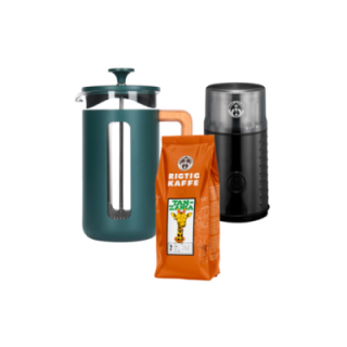 La Cafetière Pisa 8 Kop. Stempelkande Grøn Inkl. House of Barista Elektrisk Kaffemølle & Rigtig Kaffe 400g Hele kaffebønner