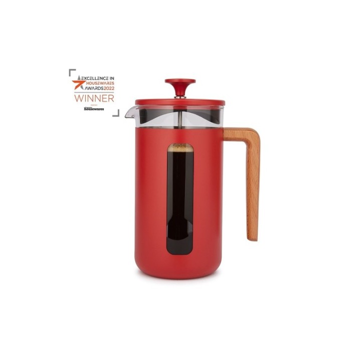 La Cafetière Pisa 8 Kop. Stempelkande Rød Inkl. House of Barista Elektrisk Kaffemølle & Rigtig Kaffe 400g Hele kaffebønner