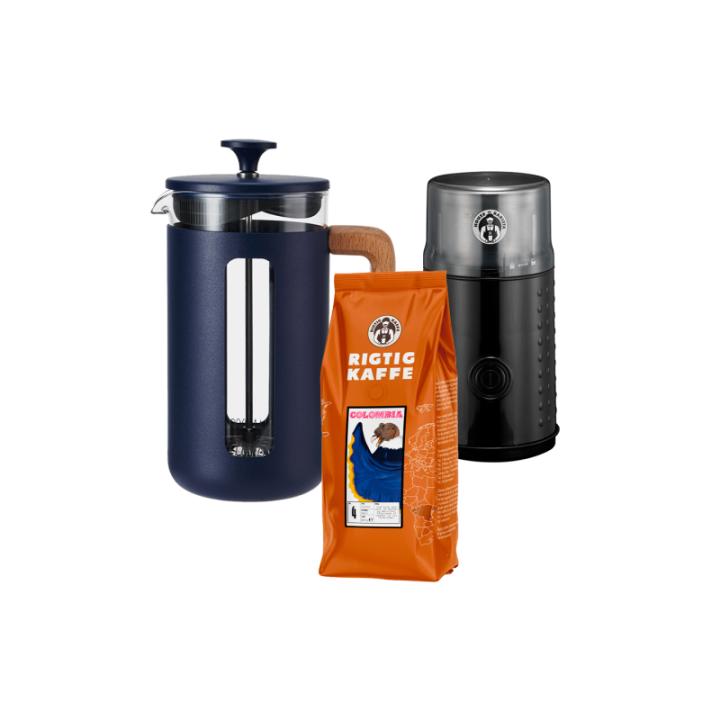 La Cafetière Pisa 8 Kop. Stempelkande Navy Inkl. House of Barista Elektrisk Kaffemølle & 400g Rigtig Kaffe