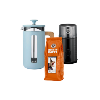 La Cafetière Pisa 8 Kop. Stempelkande Himmelblå Inkl. House of Barista Elektrisk Kaffemølle & 400g Rigtig Kaffe