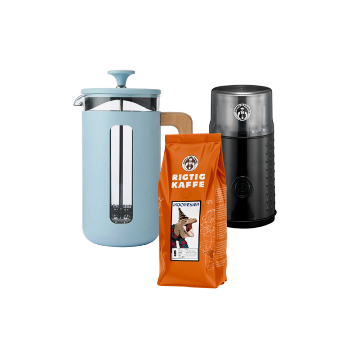 La Cafetière Pisa 8 Kop. Stempelkande Himmelblå Inkl. House of Barista Elektrisk Kaffemølle & 400g Rigtig Kaffe
