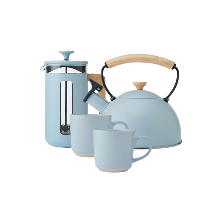 La Cafetière Pisa 8 Kop. Stempelkande Himmelblå Inkl. Fløjtekedel 1,6 L Himmelblå & Krus 35 cl 2 Stk Himmelblå