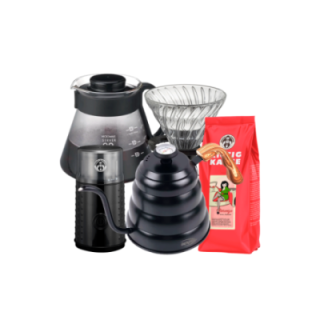 Pour Over Sæt Inkl. IKAPE Kedel med Termometer 1,2 L, Hario V60 Server, Glas Dripper 2 Kop, Kaffemølle & 500g Kaffe