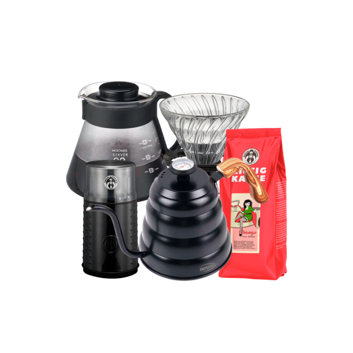 Pour Over Sæt Inkl. IKAPE Kedel med Termometer 1,2 L, Hario V60 Server, Glas Dripper 2 Kop, Kaffemølle & 500g Kaffe