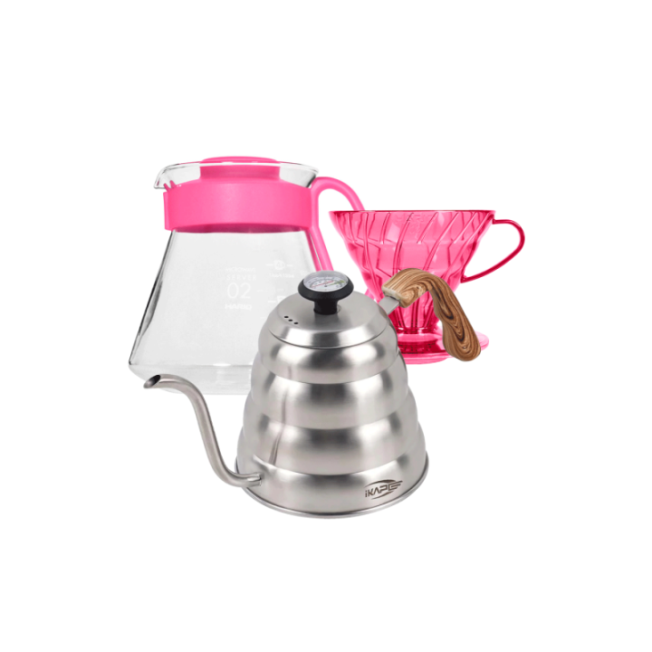 Hario V60 Filterbryg Sæt Pink Inkl. Range Server 0,6 L, Dripper 2 Kop., IKAPE Pour Over Kedel med Termometer 1,2 L & Filtre