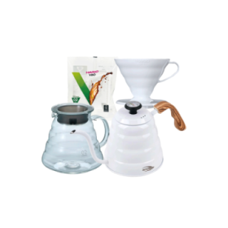 IKAPE Pour Over Kedel med Termometer 1,2 L Hvid Inkl. Hario V60 Range Server 60 cl, V60 Dripper Hvid 2 Kop. & Filtre