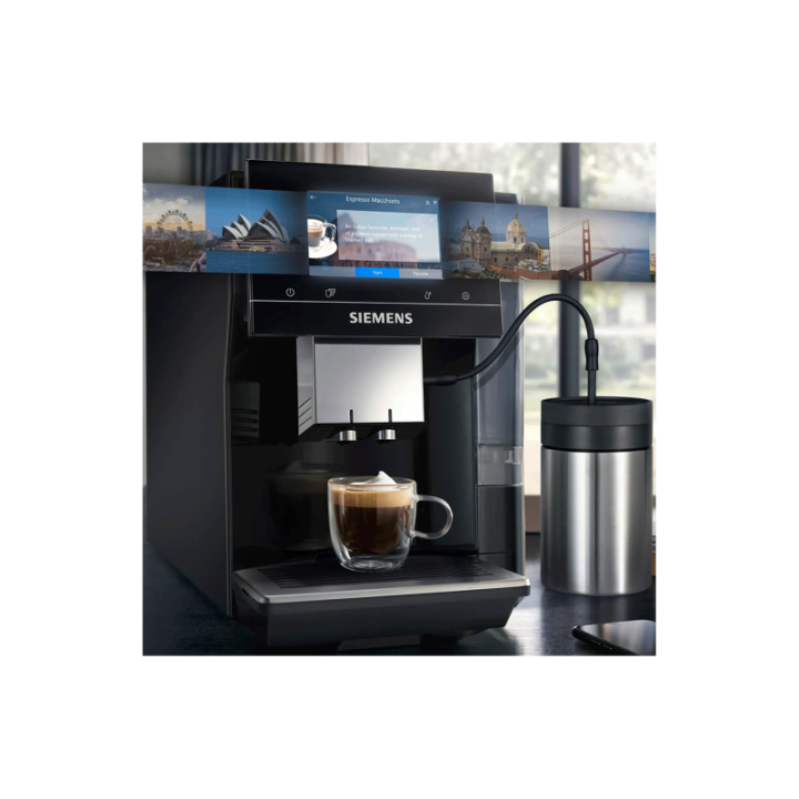 Siemens TP713R19 EQ700 Classic Piano Sort Espressomaskine Inkl. Mælkebeholder Glas & Rigtig Kaffe Mixpakke 3kg Hele kaffebønner