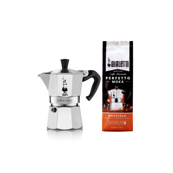 Bialetti Moka Express 4 Kop. Espressokande Inkl. Bialetti Perfetto Moka Nocciola 250g Malet Kaffe